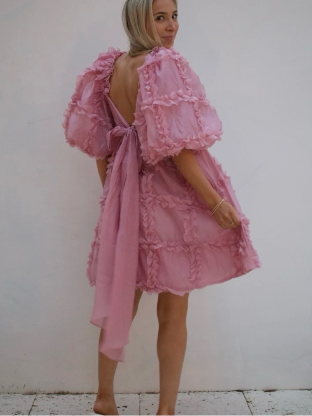 Sassy Styles Pink Puff Sleeve Back Bow Tie Mini Babydoll Dress Size L